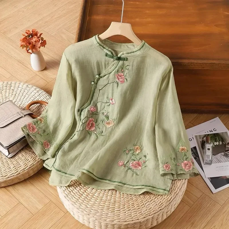 Thin Shirts for Women Clothing Y2K Top Tshirt Tees Fashion Casual Embroidery Streetwear Vintage Clothes Ethnic Style Harajuku