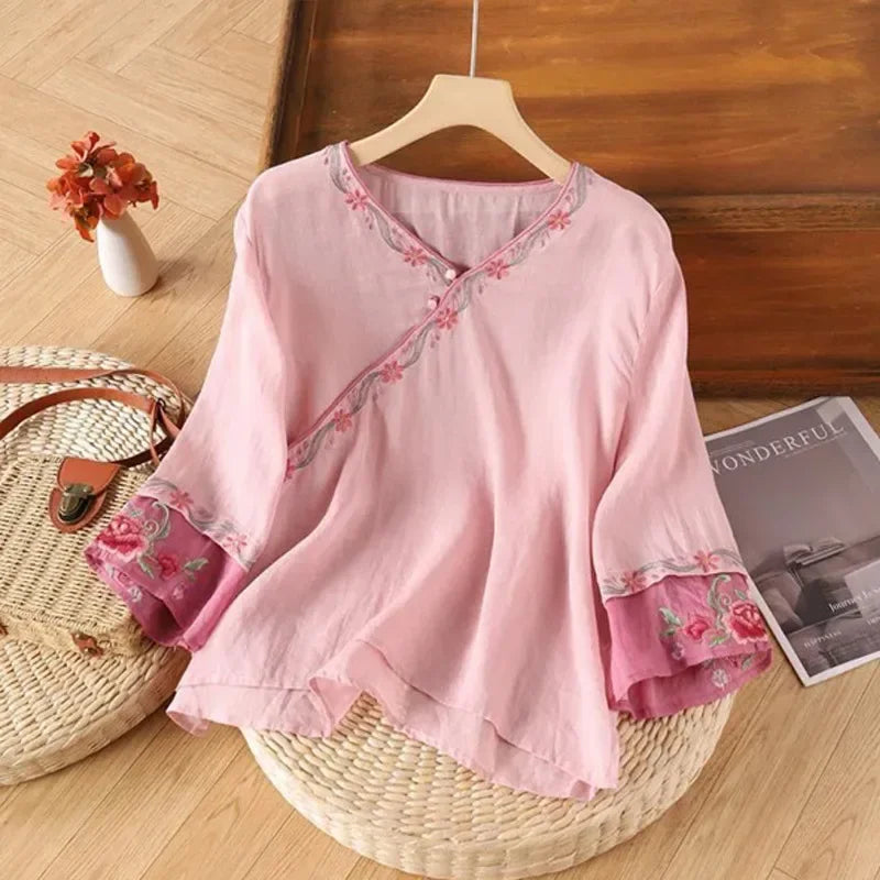 Thin Shirts for Women Clothing Y2K Top Tshirt Tees Fashion Casual Embroidery Streetwear Vintage Clothes Ethnic Style Harajuku